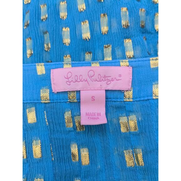 Lilly Pulitzer Sz S Silk COLBY Iris Blue with Metallic Accents Top - Picture 6 of 7